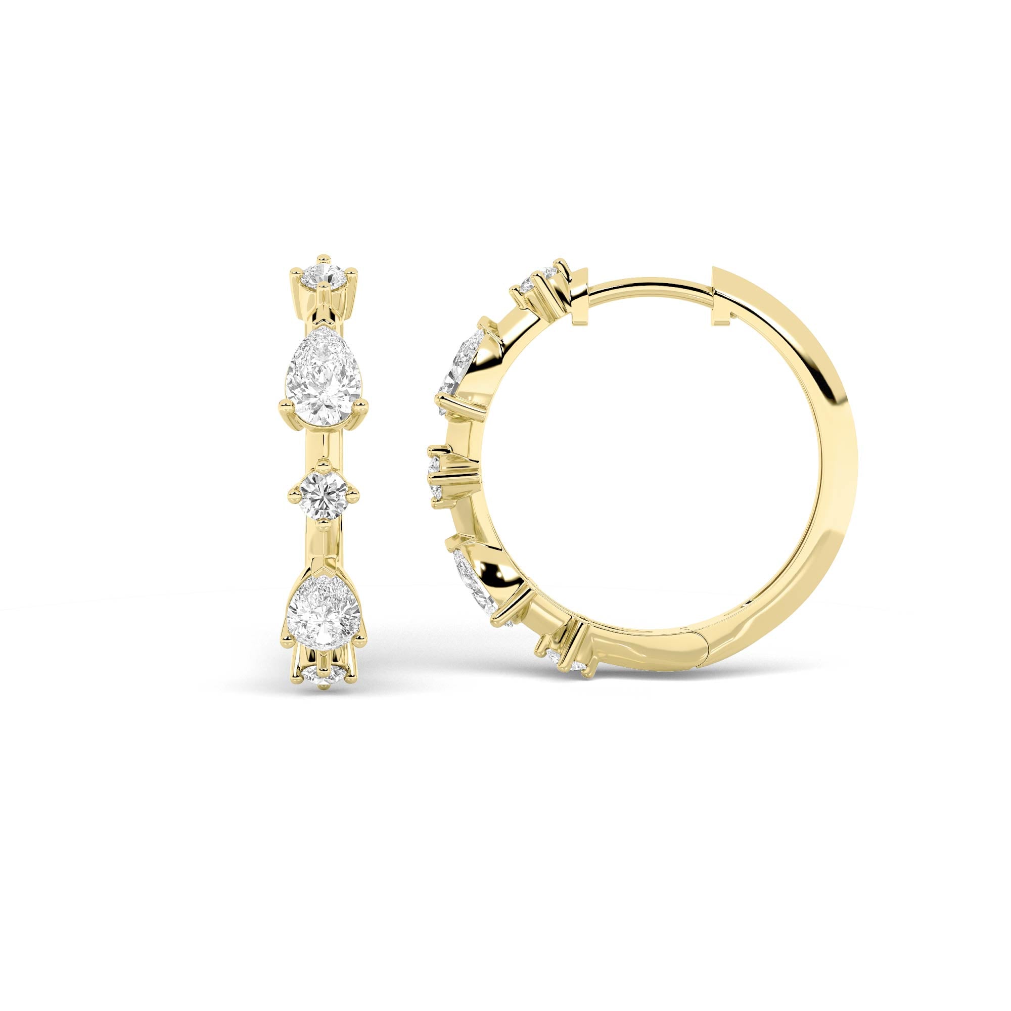 1.00ct 14K Yellow Gold Round & Pear Diamond Hoop Earrings