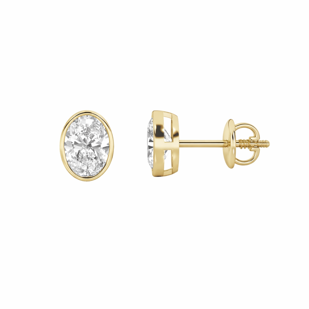 1.01ct 14K Yellow Gold Oval Diamond Bezel Solitaire Screw Back Earrings