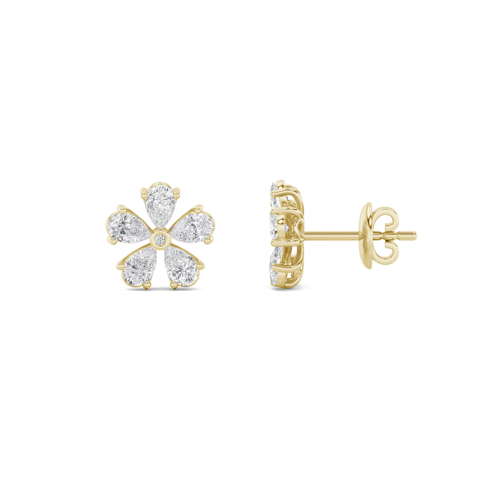 1.50ct 14K Yellow Gold Pear Diamonds Flower Design Push Back Earrings
