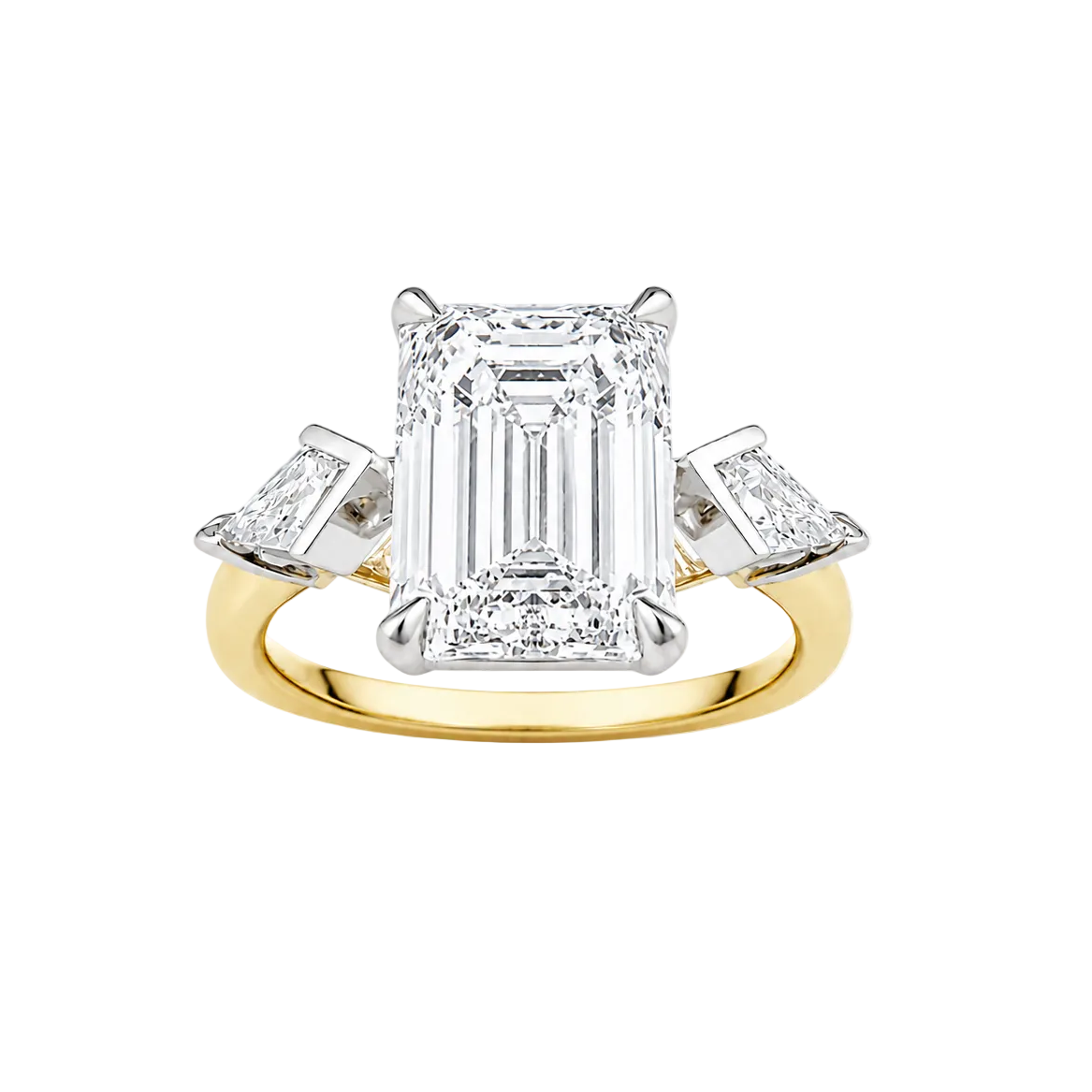 5.51ct 14K Yellow Gold Emerald Cut Engagement Ring With Kite Shape Side Stones (IGI Certified)