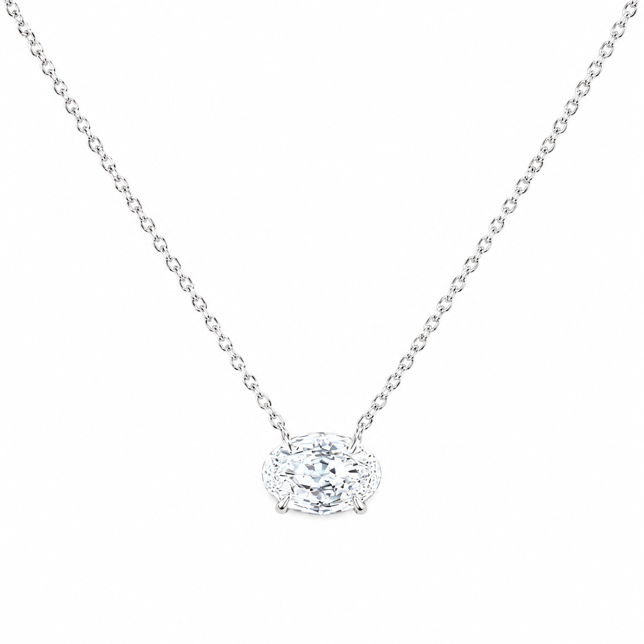 2.56ct 14KT White Gold Step Cut Oval Diamond Pendant Necklace Sideways 18"