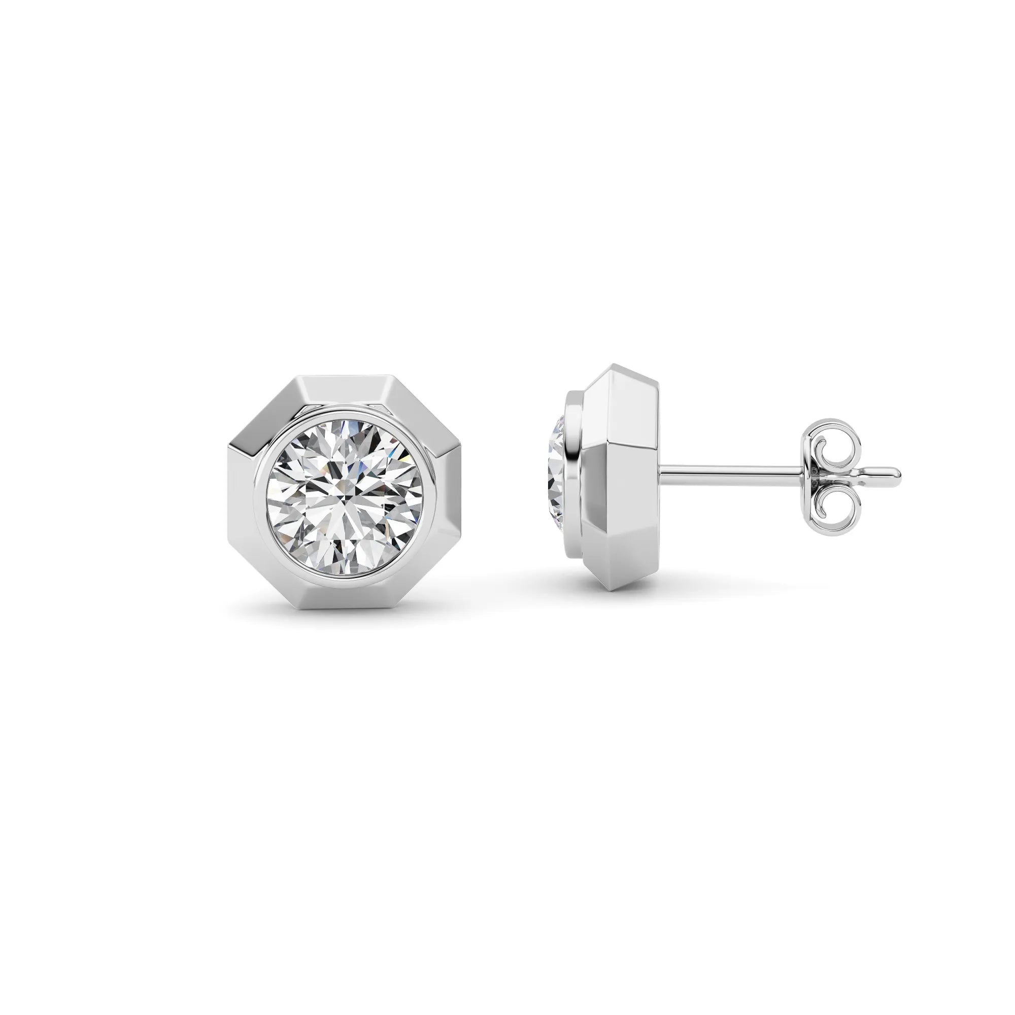 1.96ct 14K White Gold Round Diamond Fancy Bezel Stud Push Back Earrings (IGI Certified)