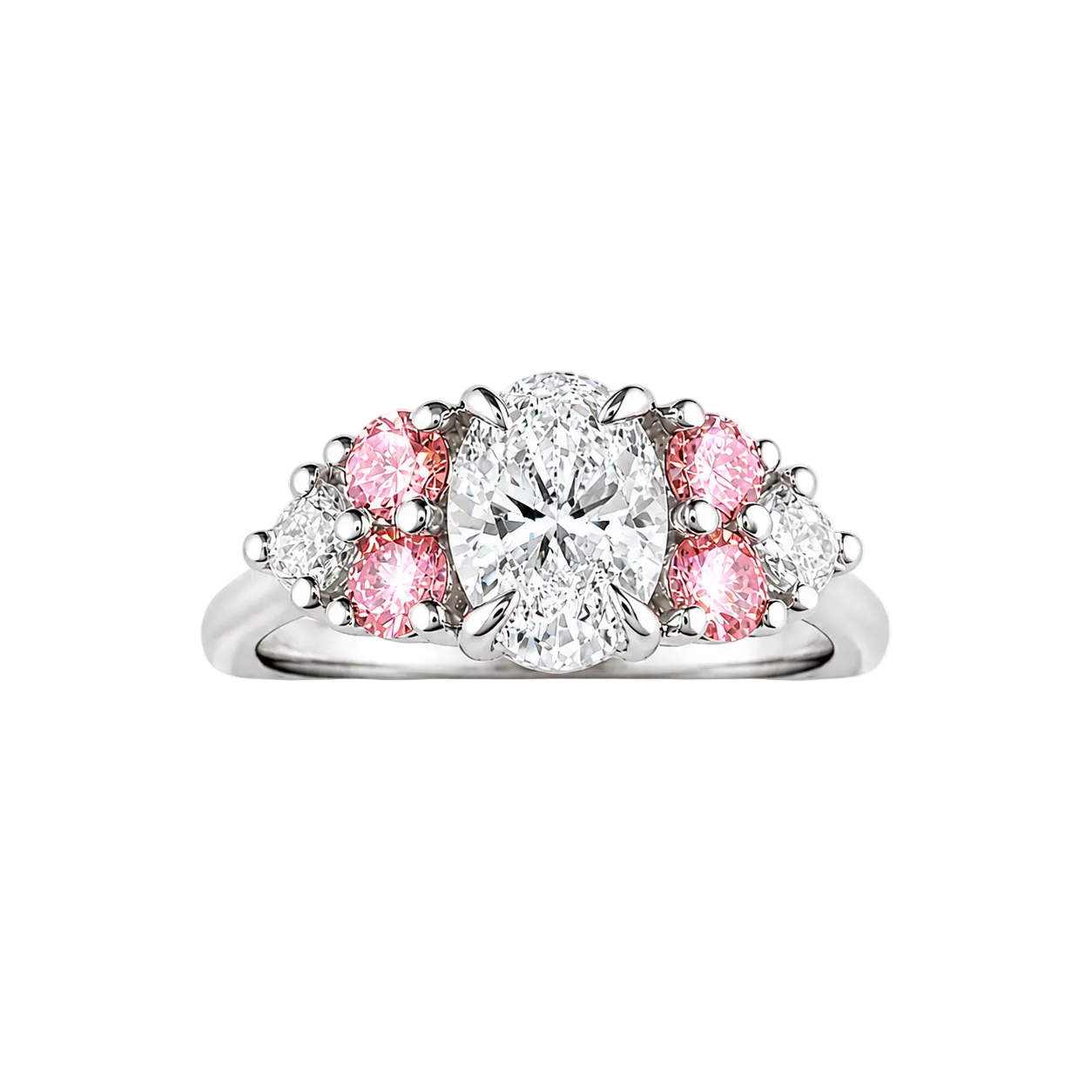 1.60ct 14K White Gold Romantic Oval Diamond With Round Pink And White Cluster Stones Engagement Ring (IGI Certified)