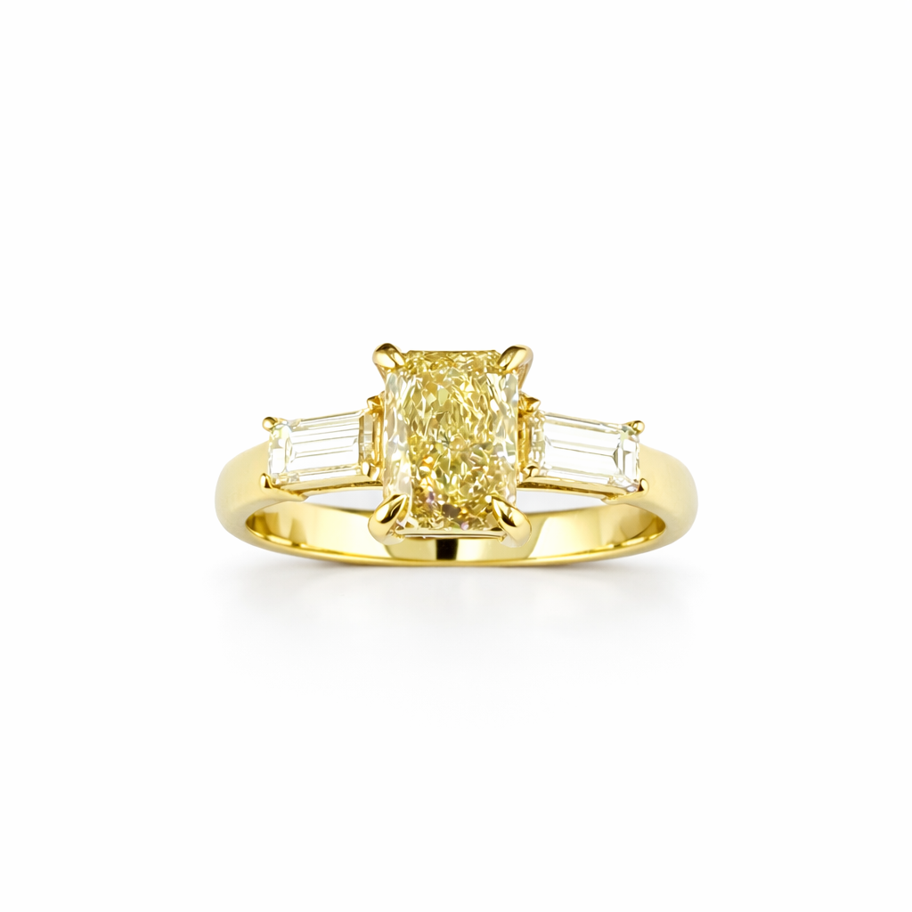 1.52ct 14K Yellow Gold Fancy Yellow Side Baguette's Radiant Statement Diamond Ring