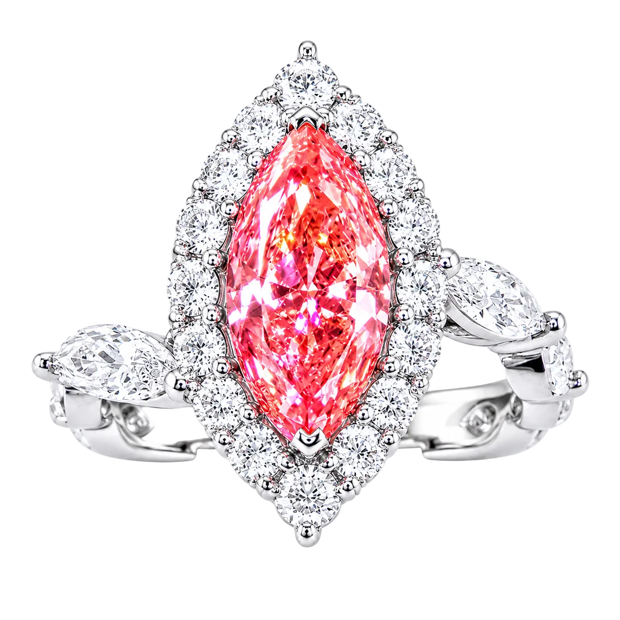 3.74ct 14K White Gold Fancy Vivid Pink Marquise Diamond Halo Statement Ring (IGI Certified)