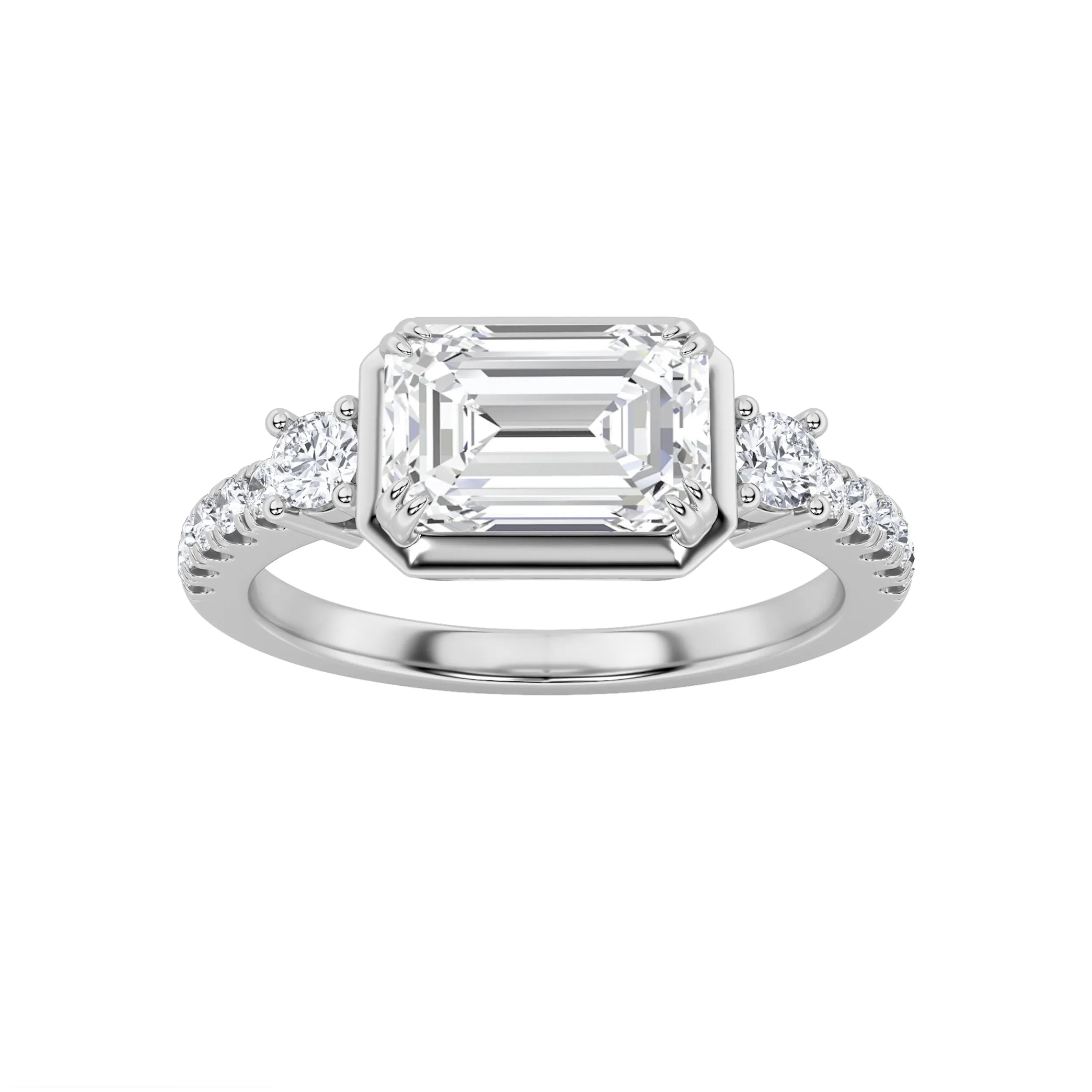 2.00ct 14K White Gold East West Accented Three Stone Emerald Diamond Ring (IGI Certified)