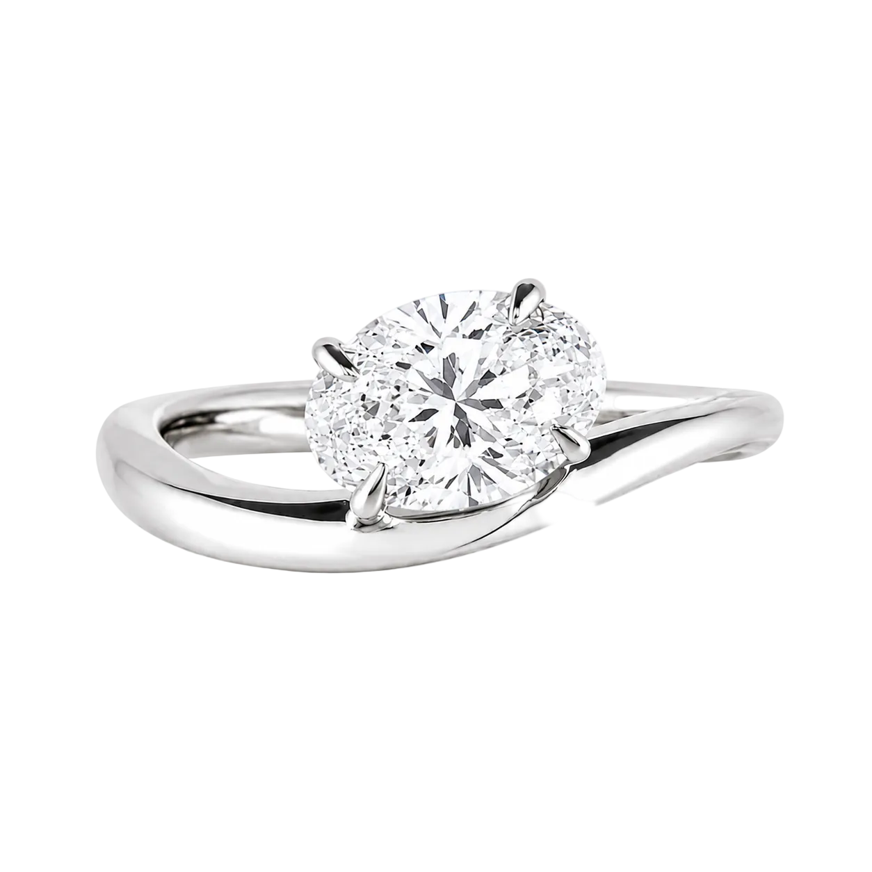1.00ct 14K White Gold Oval Diamond Wave Solitaire Ring (IGI Certified)