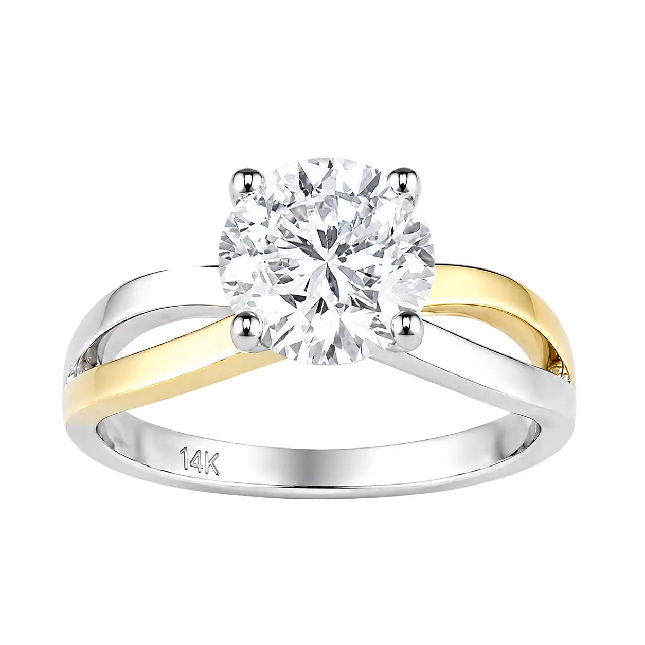 2.01ct 14K Two Tone Crossover Round Diamond Solitaire Ring (IGI Certified)