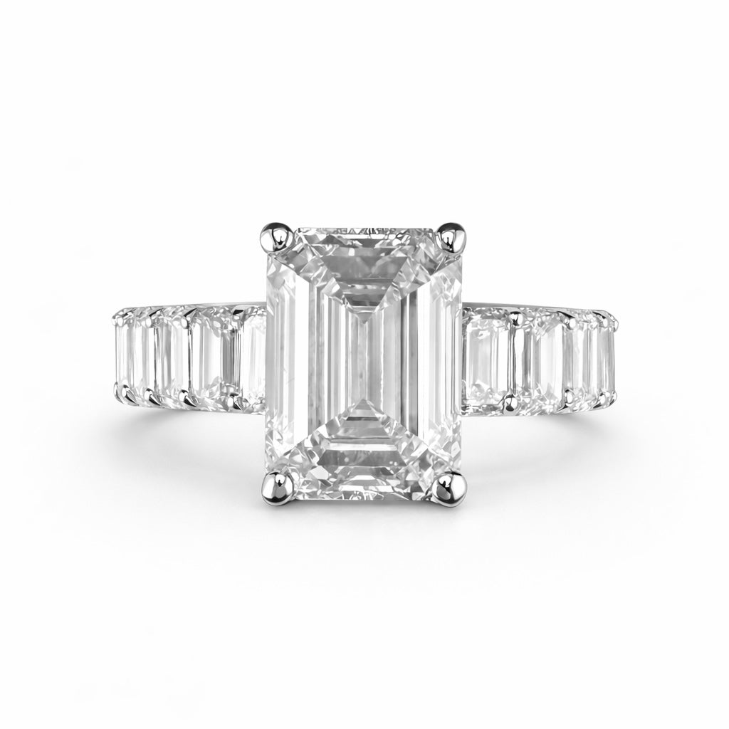 12.22ct 14K White Gold Emerald Diamond Eternity Statement Ring (IGI Certified)