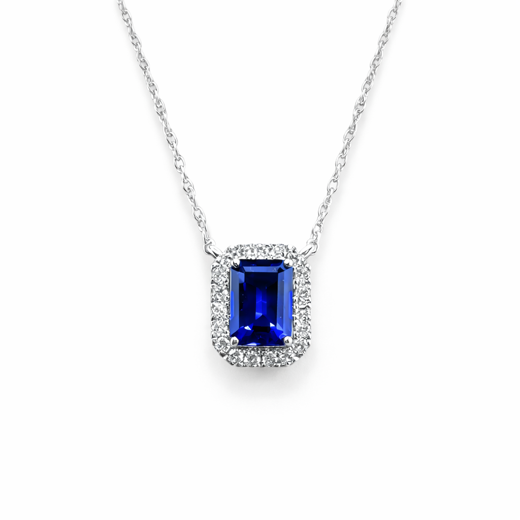 1.35ct 14K White Gold Sapphire Halo Pendant Necklace