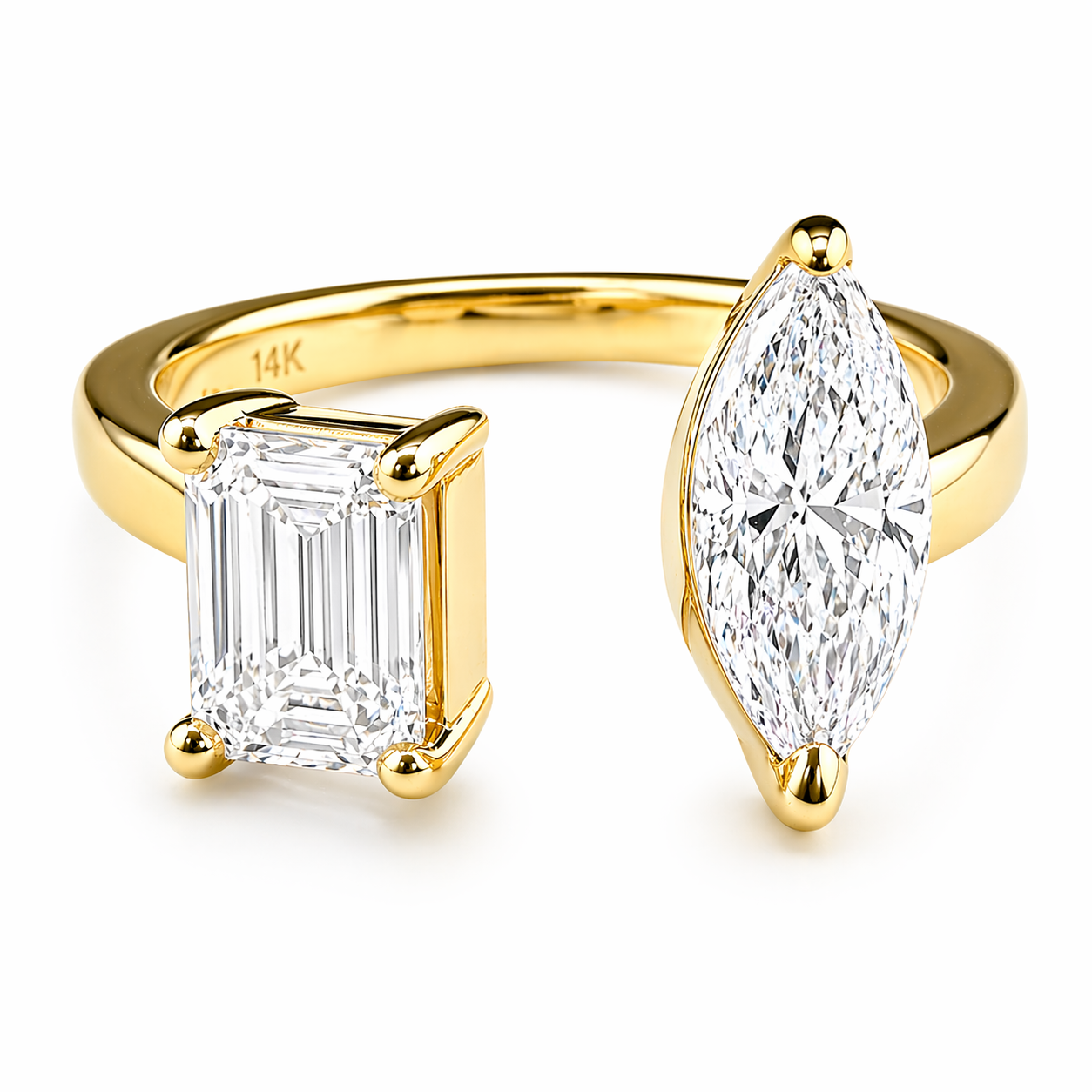 2.13ct 14K Yellow Gold Emerald & Marquise Diamond Open Ring (IGI Certified)