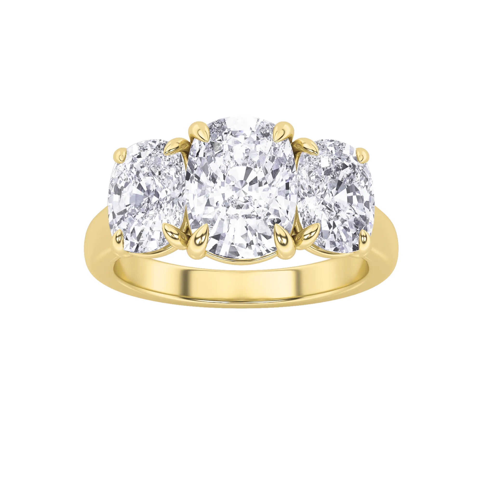 3.99ct 14K Yellow Gold 3 Stone Elongated Cushion Statement Diamond Ring (IGI Certified)