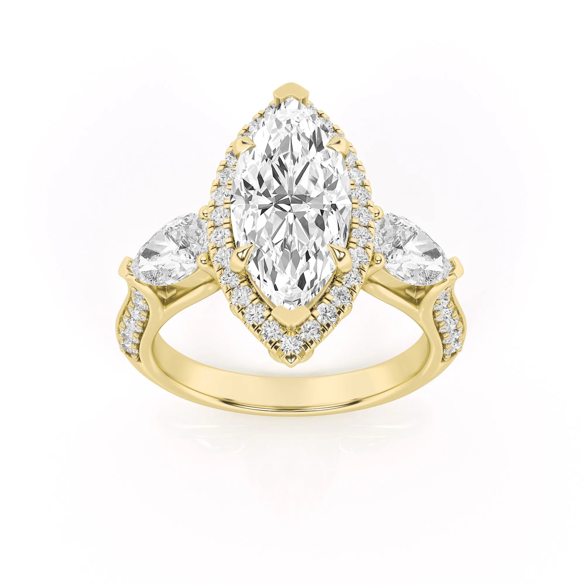 3.05ct 14K Yellow Gold Marquise & Pear Three Stone Halo Engagement Ring (IGI Certified)