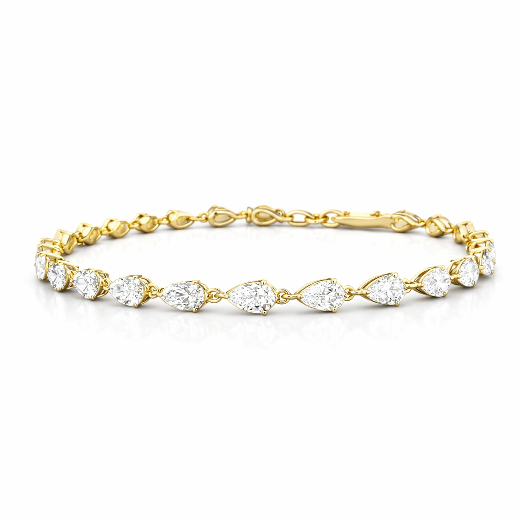 4.13ct 14K Yellow Gold Pear East To West Diamond Tennis Bracelet 7"