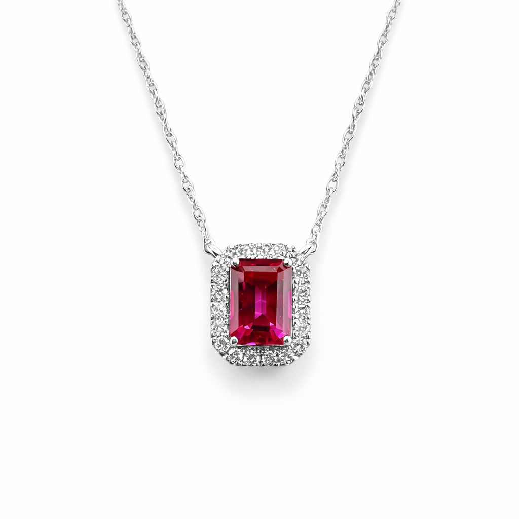 1.37ct 14K White Gold Ruby Halo Pendant Necklace