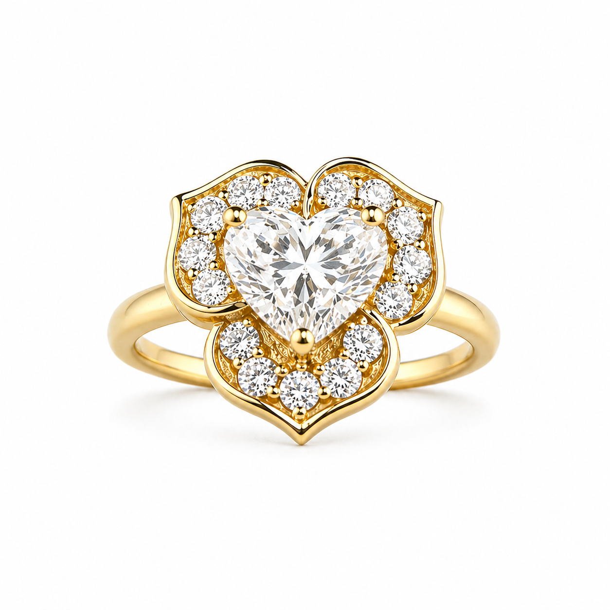 1.75ct 14K Yellow Gold Flower Heart Statement Diamond Ring (IGI CERTIFIED)