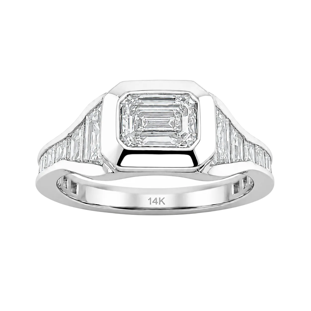 3.15cts. 14K White Gold Emerald Lab-Grown Diamond Ring With Trapezoid, Baguette Side Halo And Princess Diamond Side Stones (IGI Certified)