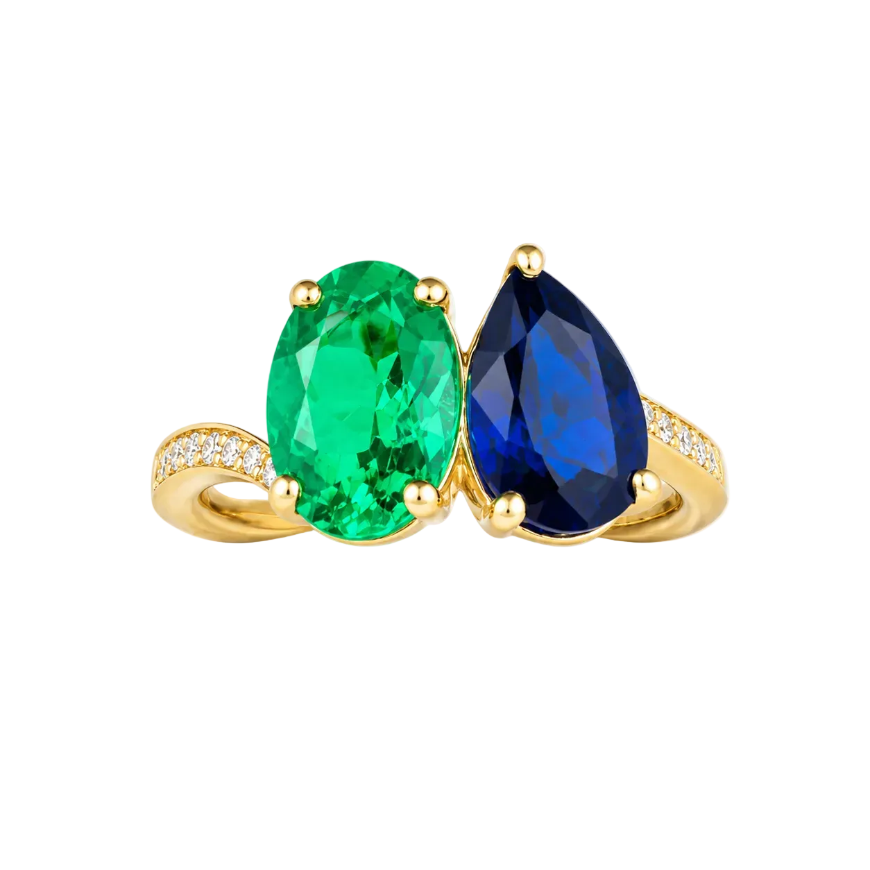 2.56ct 14K Yellow Gold Two Stone Lab Grown Emerald Oval & Sapphire Pear Ring  (IGI Certified)