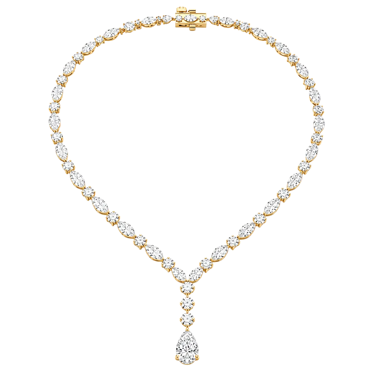 25.40cts. 14K Yellow Gold Graduated Marquise & Round Diamond Drop Necklace with a Pear Diamond Drop Pendant.