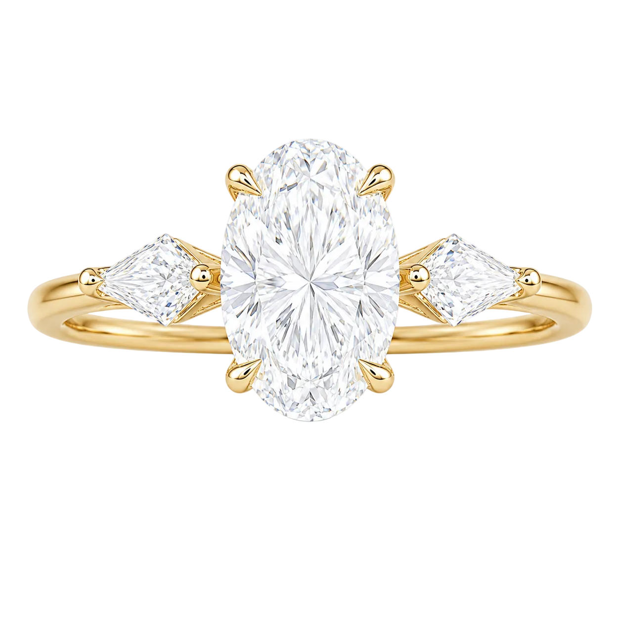 2.50ct 14K Yellow Gold Oval Cut Engagement Ring With Kite Shape Side Stones (IGI Certified)