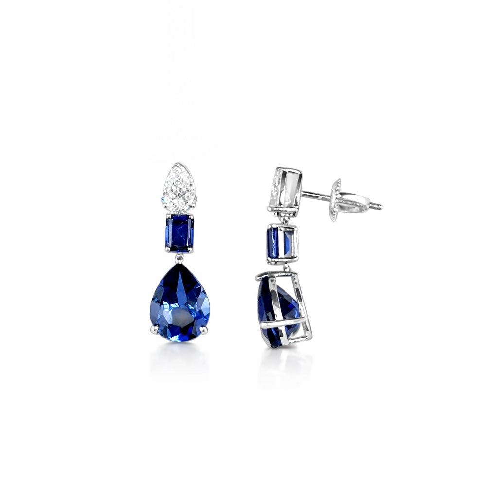 8.85ct 14K White Gold Sapphire & Diamond Drop Screw Back Earrings