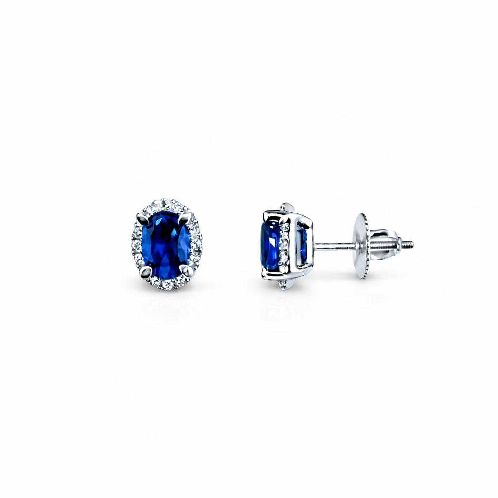 1.68ct 14K White Gold Oval Sapphire & Diamond Halo Screw Back Earrings
