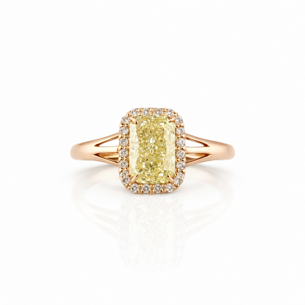 1.20ct 14K Rose Gold 3 Way Split Fancy Vivid Yellow Diamond With Halo Ring