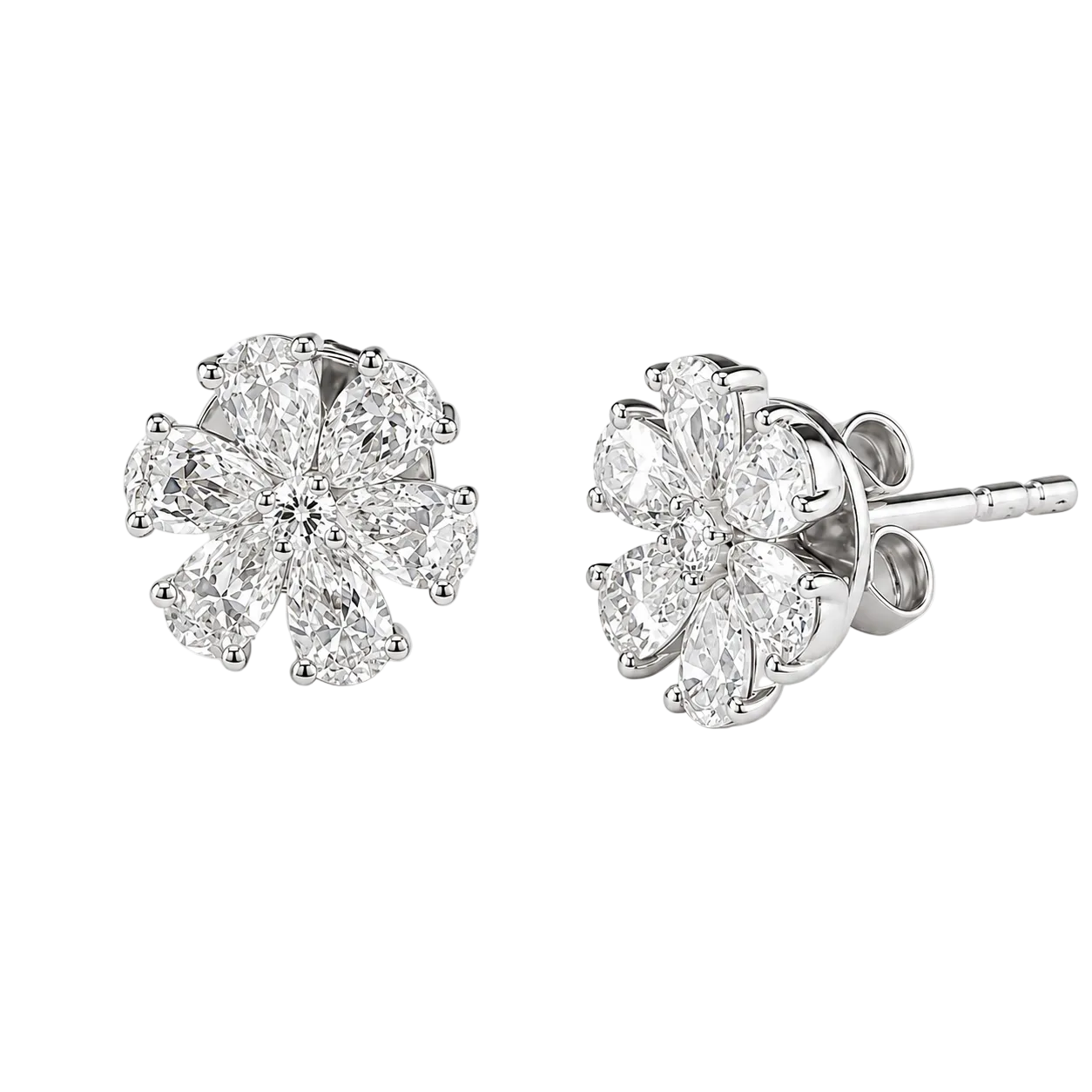 1.31ct 14K White Gold Pear Diamonds Flower Design Push Back Earrings