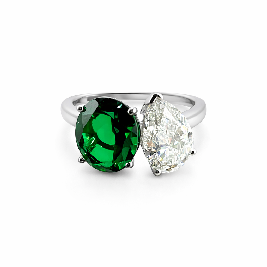2.91ct 14K White Gold Oval Emerald & Pear Diamond Toi Et Moi Ring (EGL Certified)