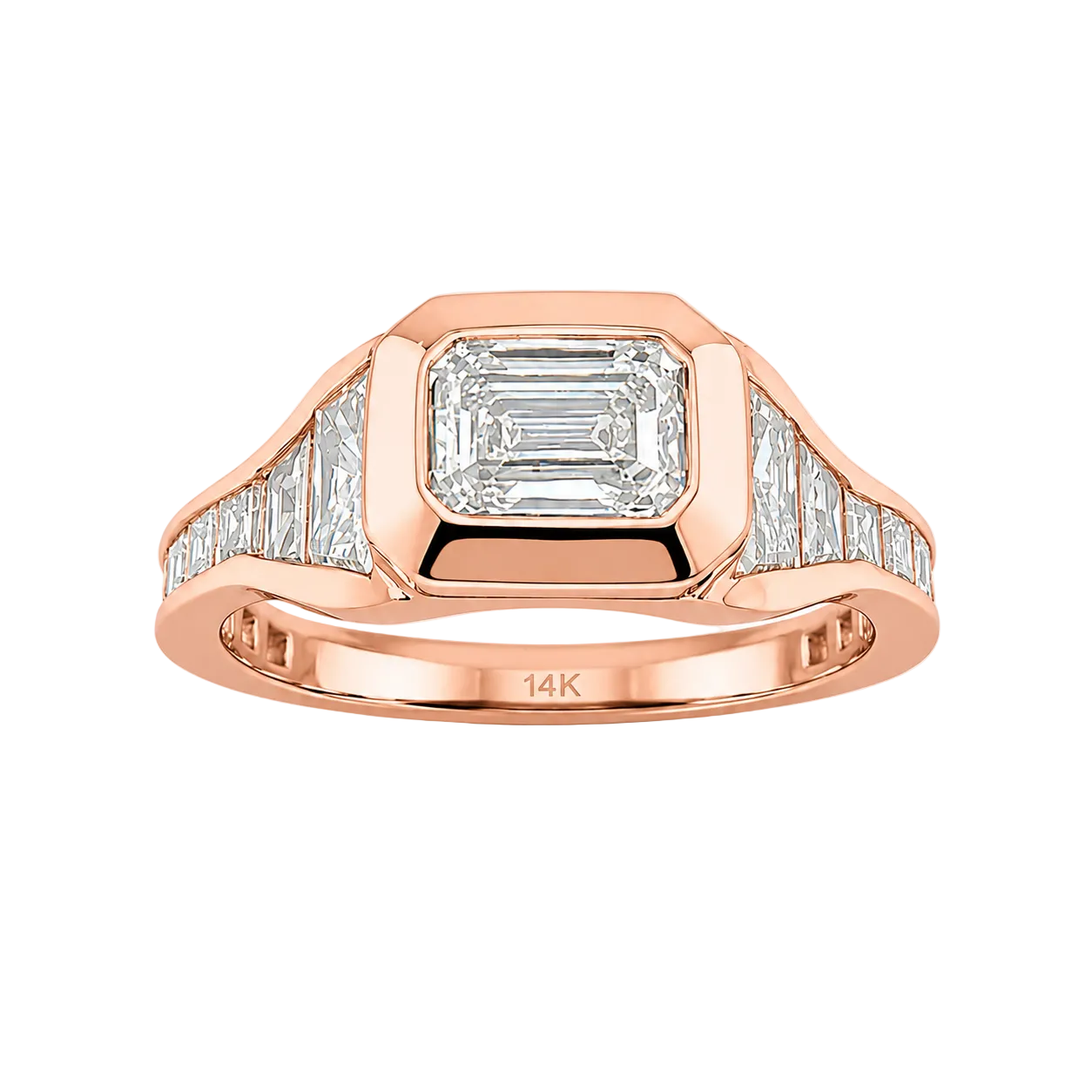 3.09cts. 14K Rose Gold Emerald Lab-Grown Diamond Ring With Trapezoid, Baguette Side Halo And Princess Diamond Side Stones (IGI Certified)