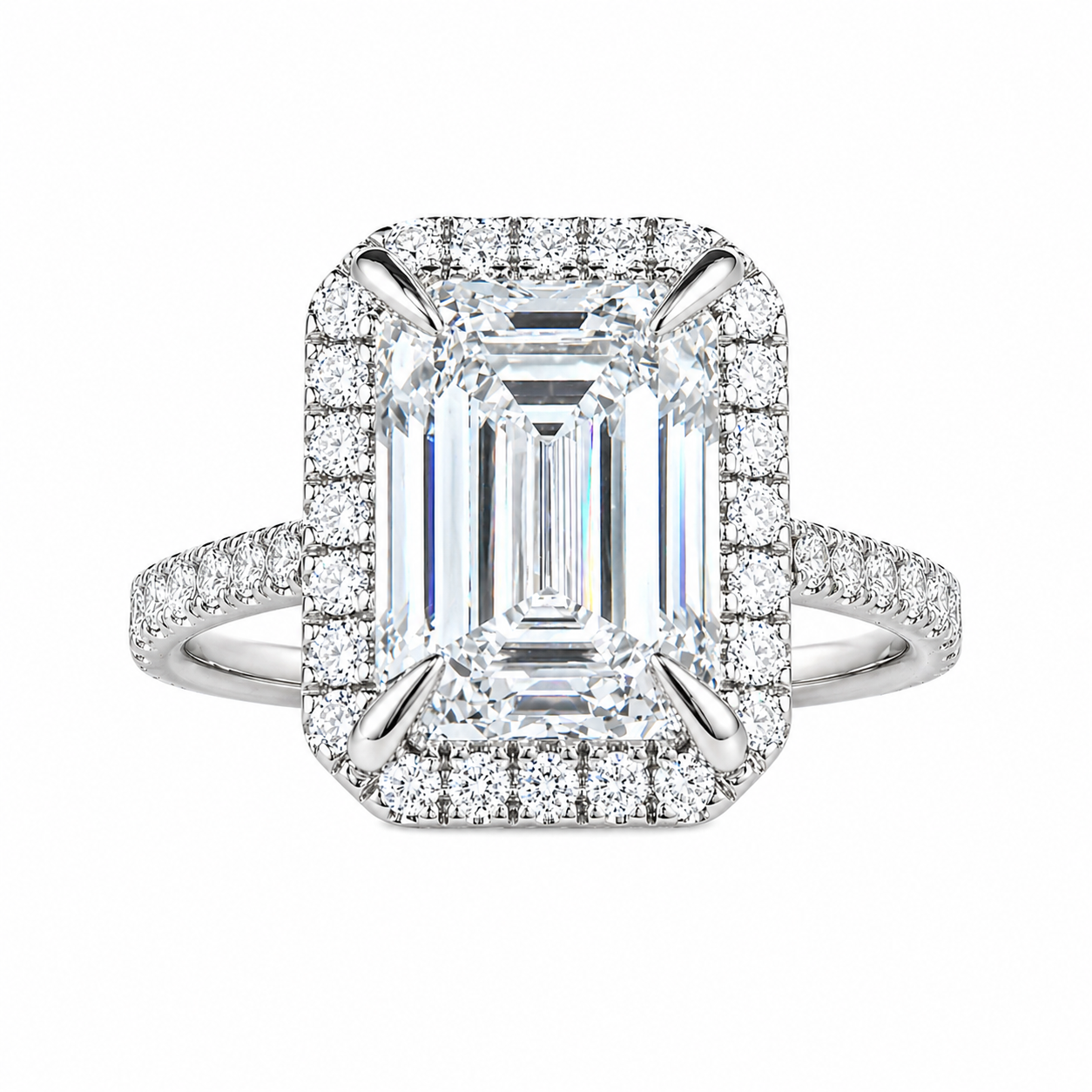 6.01ct 14K White Gold Emerald Diamond Halo Statement Ring (IGI Certified)