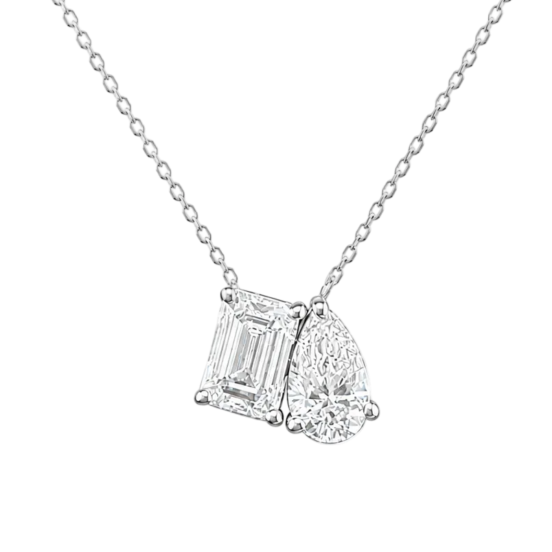 2.68ct 14K White Gold Emerald & Pear Diamond Toi Et Moi Necklace (IGI CERTIFIED)