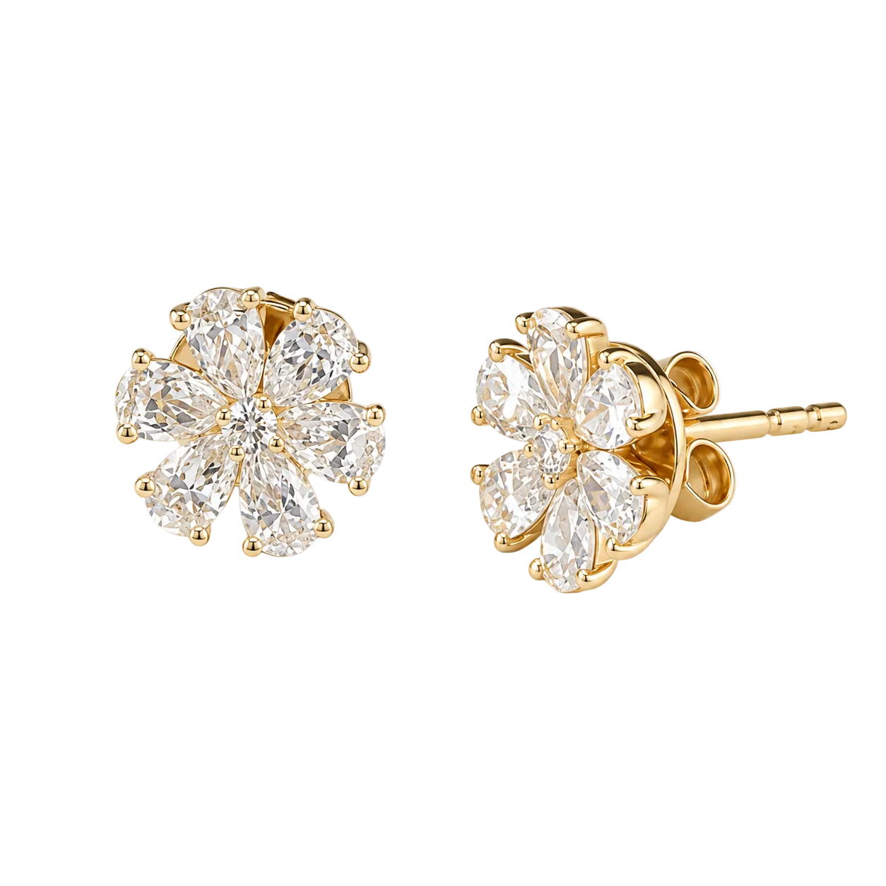 1.34ct 14K Yellow Gold Pear Diamonds Flower Design Push Back Earrings