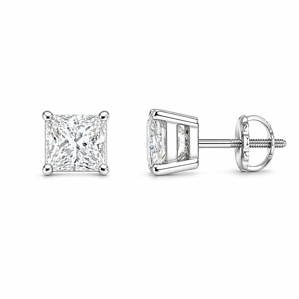 2.12ct. 14K White Gold Diamond Solitaire Princess Stud Earrings Screw Backs (IGI Certified)