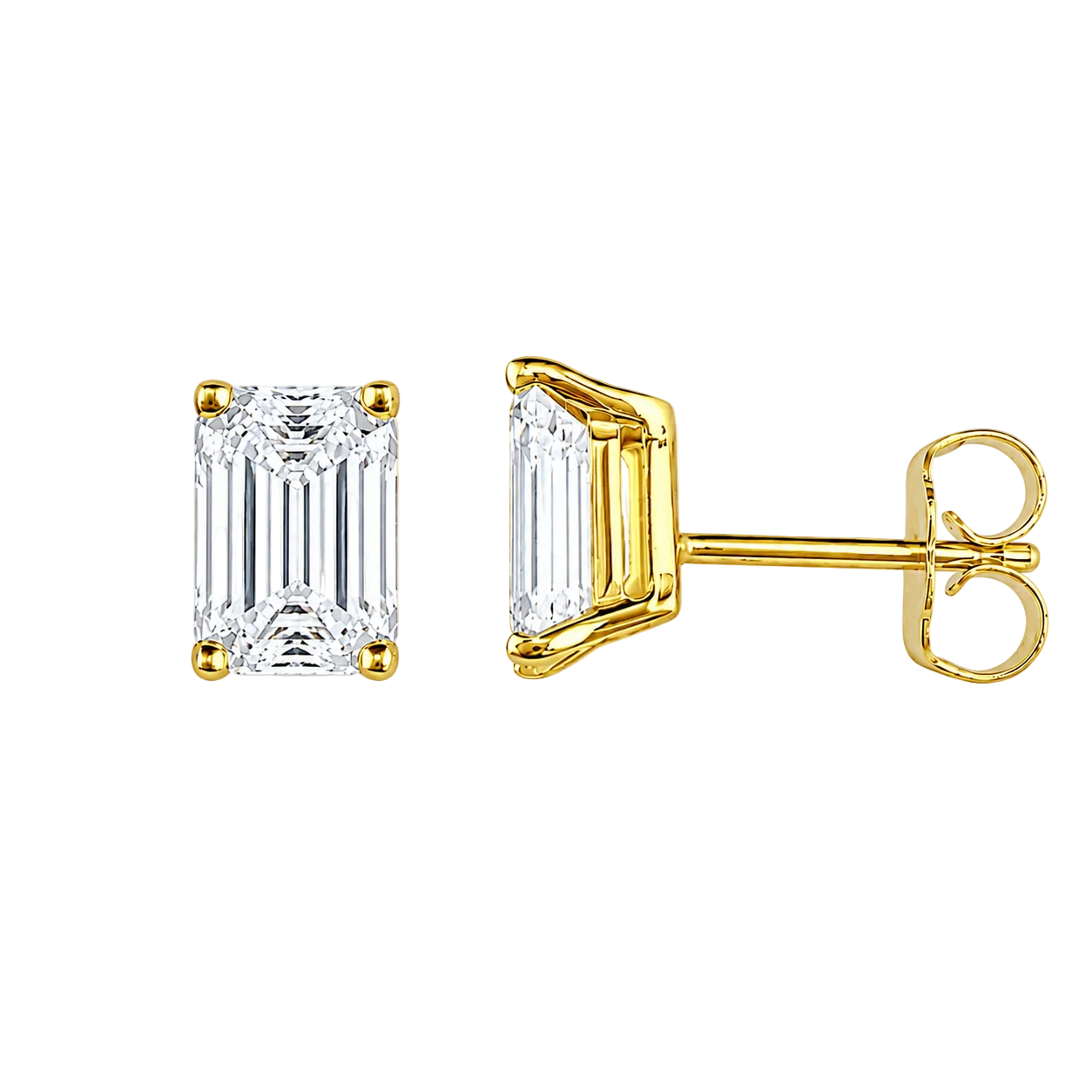 2.17ct. 14K Yellow Gold Diamond Solitaire Emerald Stud Earrings Push Backs (IGI CERTIFIED)