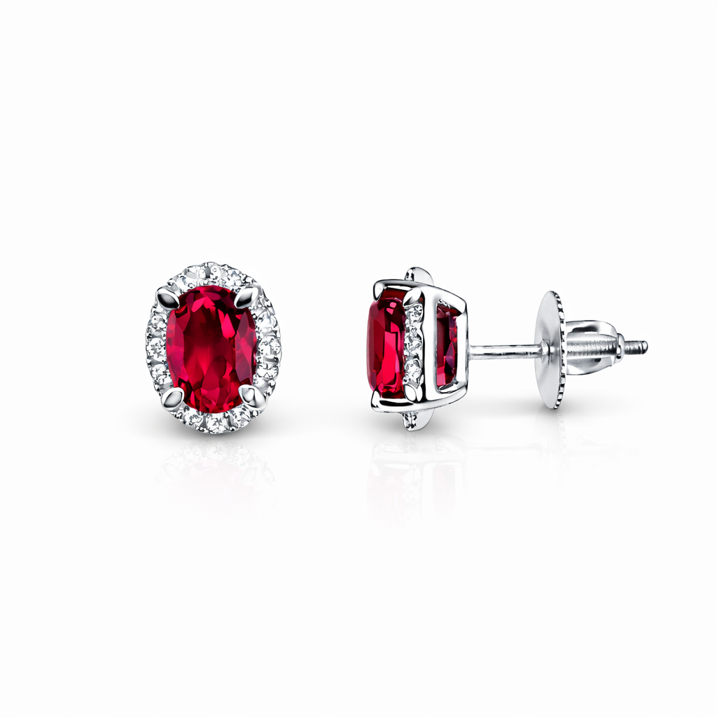 1.69ct 14K White Gold Oval Ruby & Diamond Halo Screw Back Earrings
