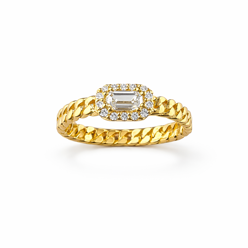 0.83ct 14K Yellow Gold Cuban Emerald Halo Diamond Ring