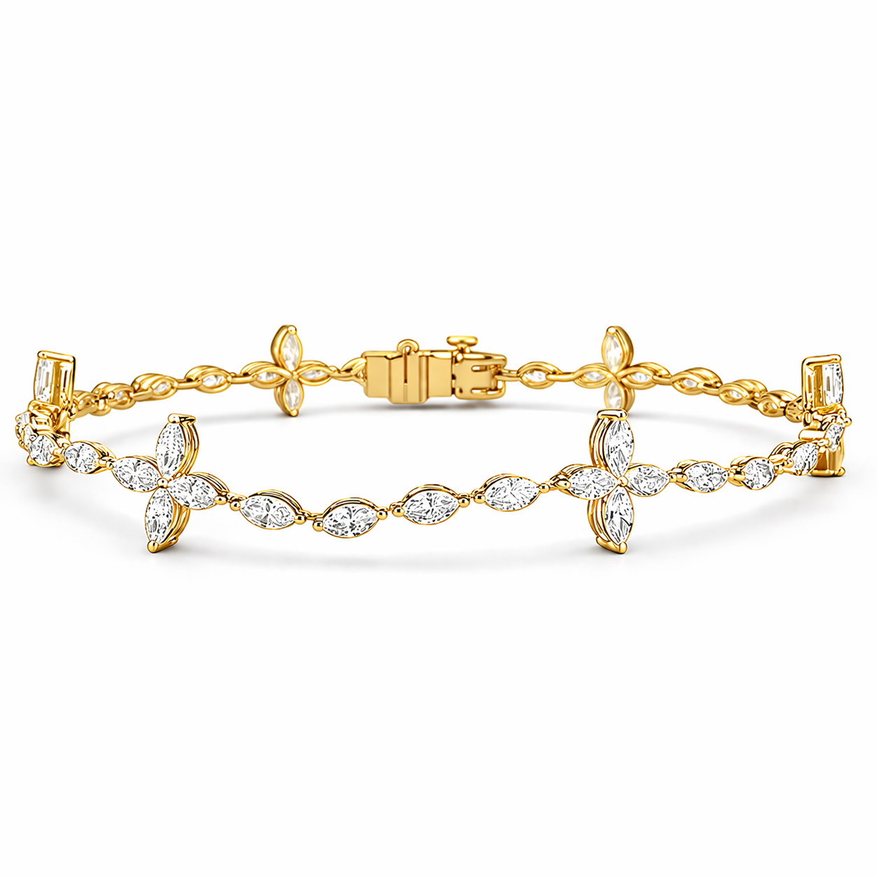 3.16ct 14K Yellow Gold Fancy Marquise Clover Diamond Tennis Bracelet 7"
