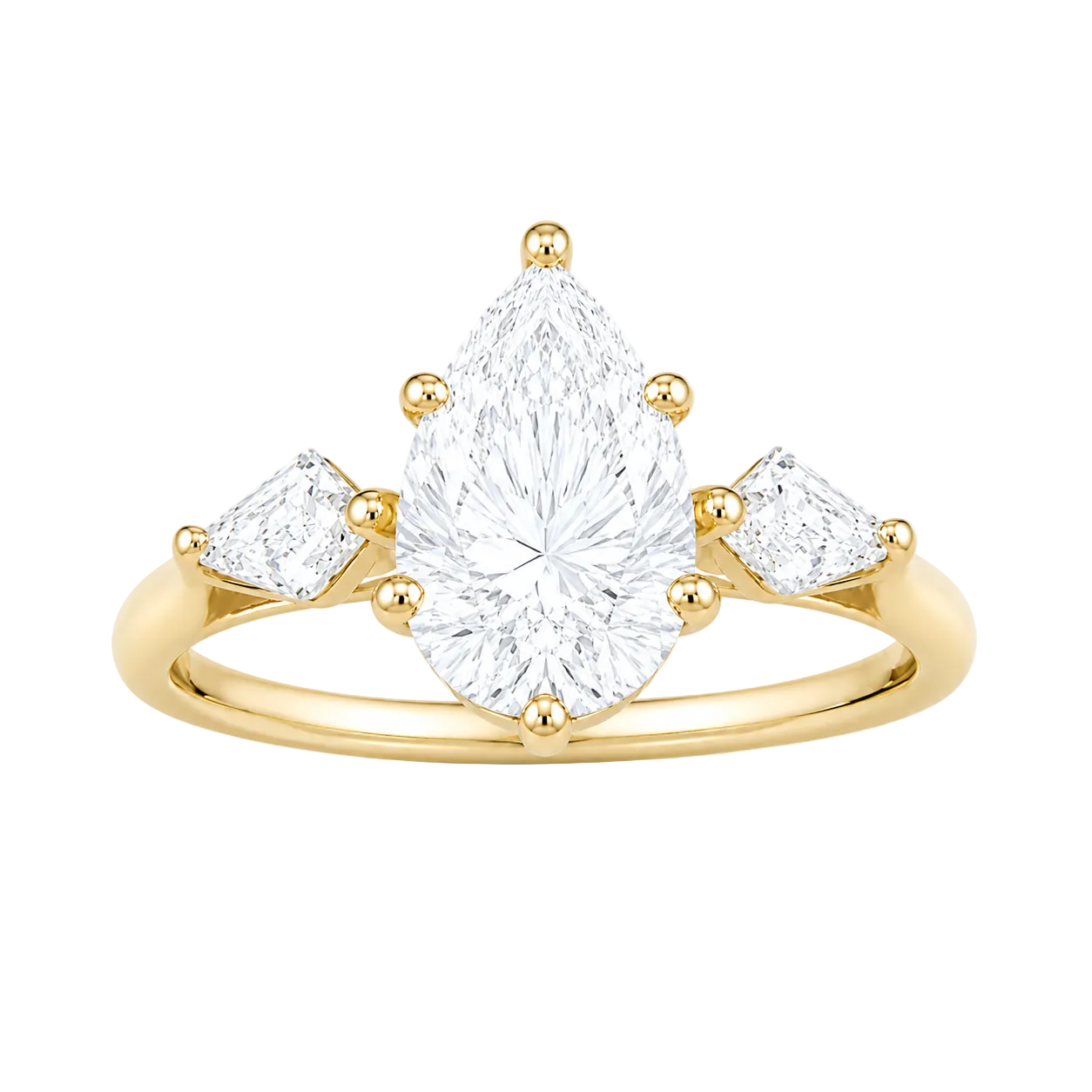 1.56ct 14K Yellow Gold Pear Cut Engagement Ring With Kite Shape Side Stones (IGI Certified)