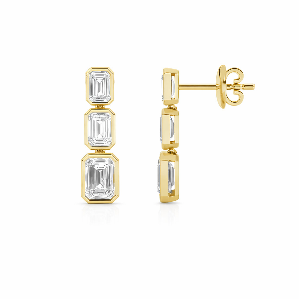 5.05ct 14K Yellow Gold Emerald Diamond Dangling Bezel Solitaire Earrings (IGI CERTIFIED)