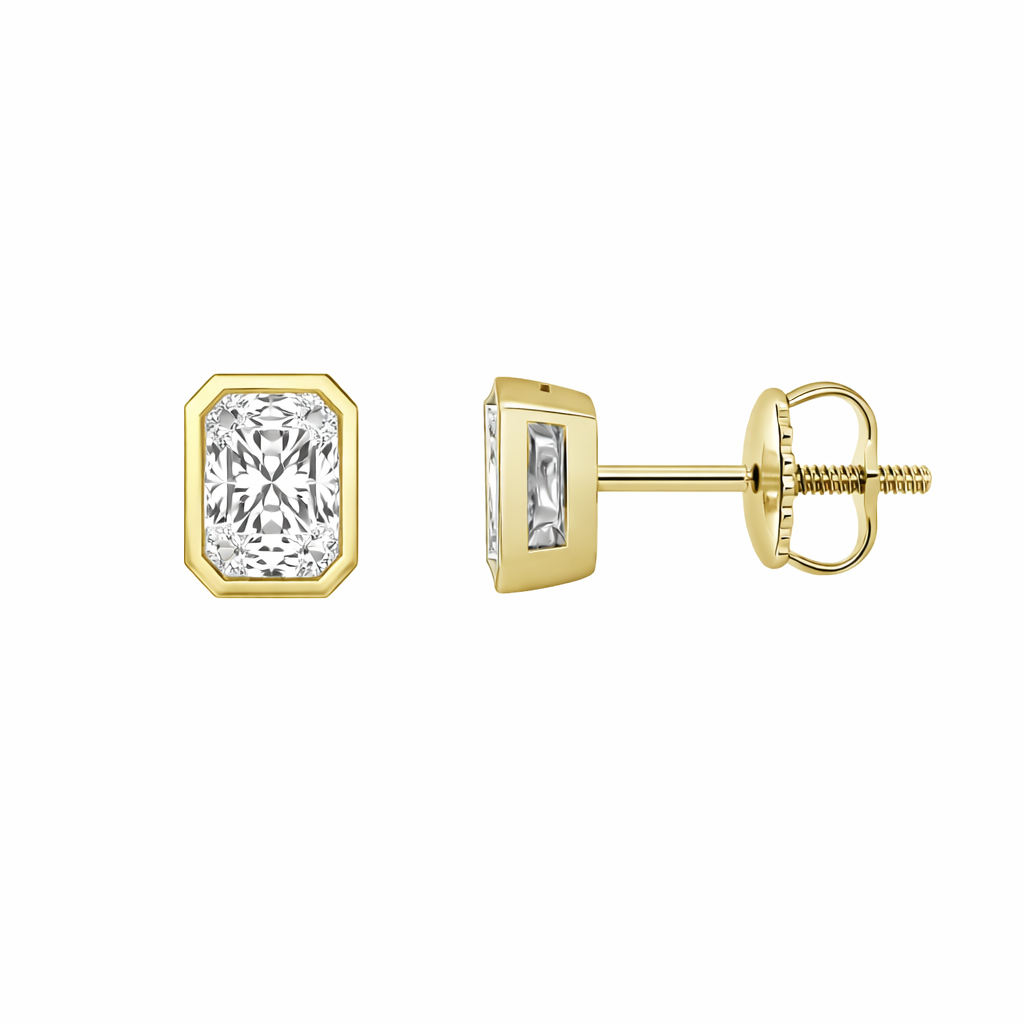 1.06ct 14K Yellow Gold Radiant Diamond Bezel Solitaire Screw Back Earrings