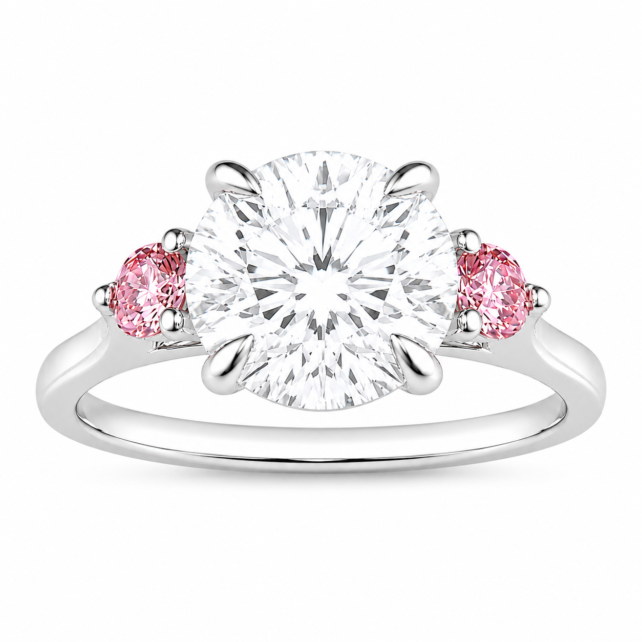 2.22ct 14K White Gold Three-Stone Diamond Ring With Pink Round Side Stones (IGI Certified)