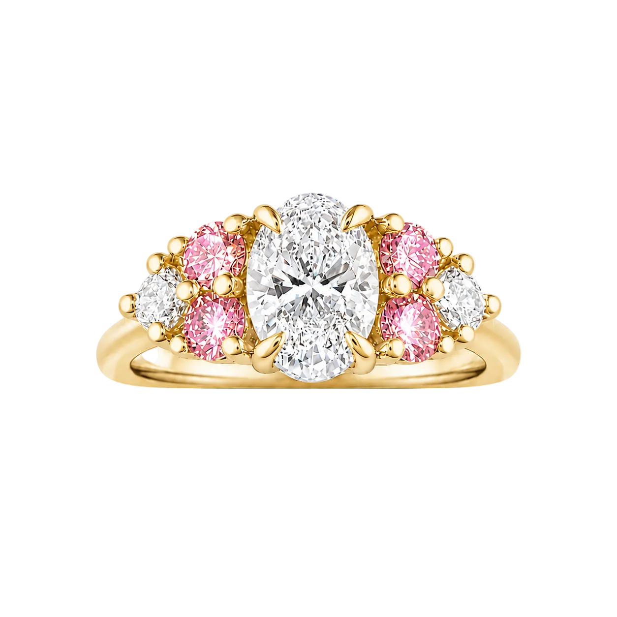 1.60ct 14K Yellow Gold Romantic Oval Diamond With Round Pink And White Cluster Stones Engagement Ring (IGI Certified)