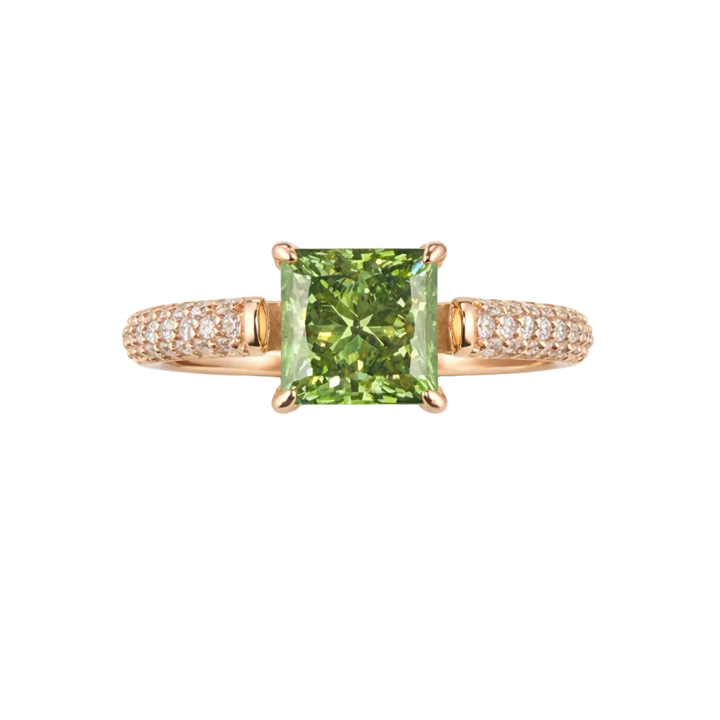2.12ct 14K Rose Gold Pave Band Fancy Green Princess Diamond Ring