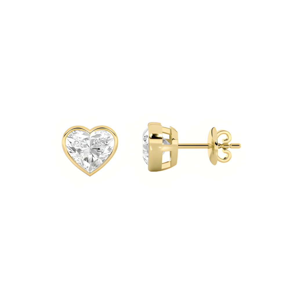 1.97ct 14K Yellow Gold Bezel Heart Diamond Push Back Earrings (IGI Certified)