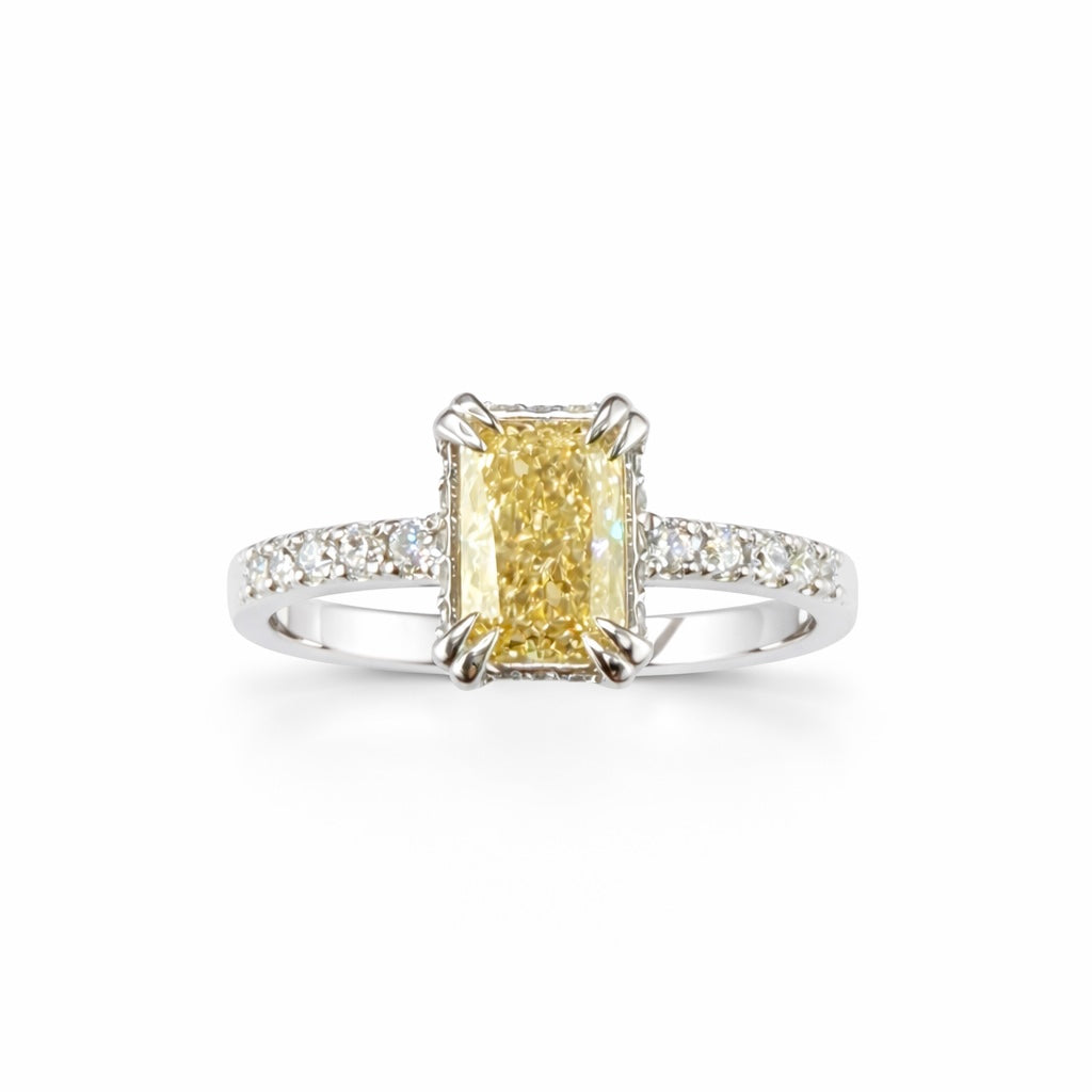 1.32ct 14K White Gold Fancy Vivid Yellow Diamond With Pave Band And Hidden Halo Ring