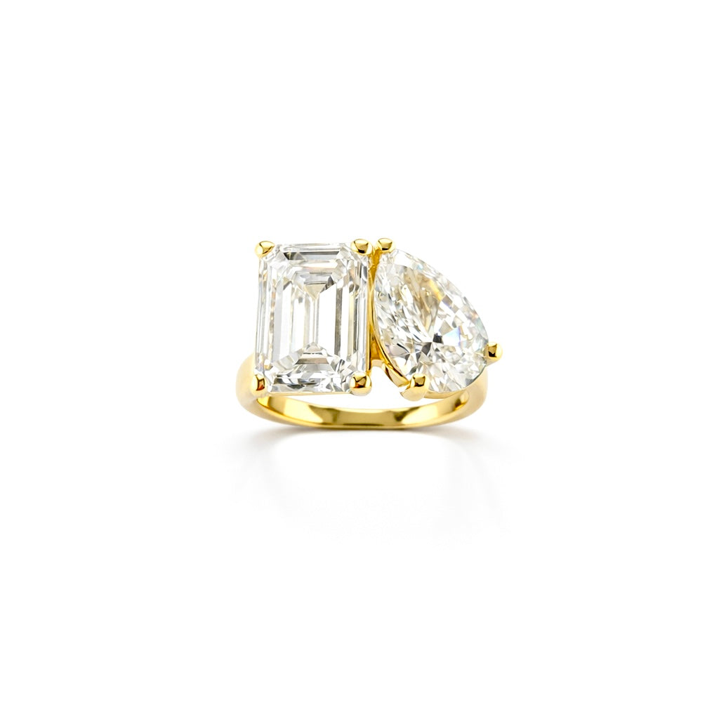 4.56ct 14K Yellow Gold Toi-Moi Emerald and Pear Diamond Engagement Ring (IGI Certified)