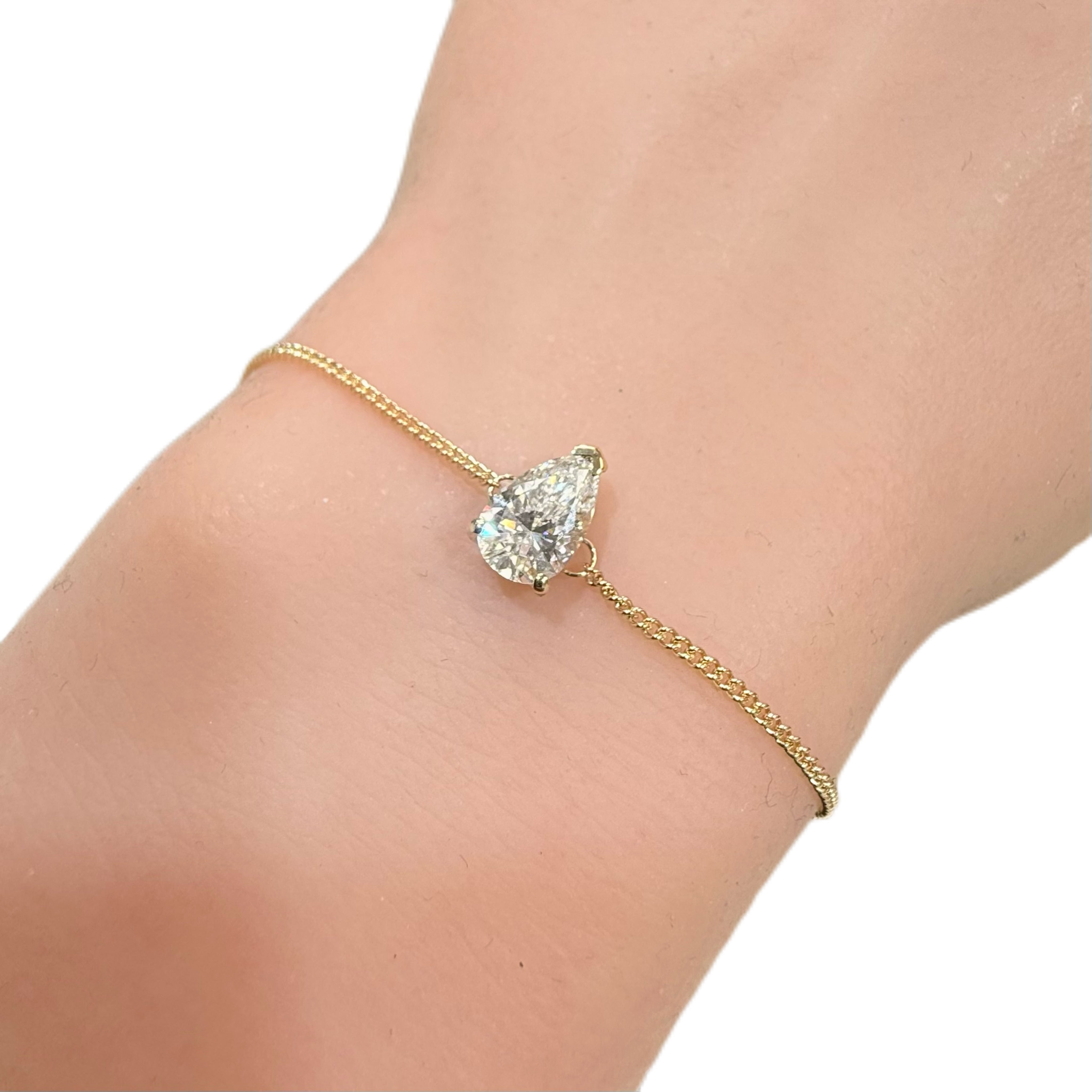 1.01ct 14K Yellow Gold Pear Solitaire Dainty Cuban Diamond Bracelet 7.25" IGI Certified