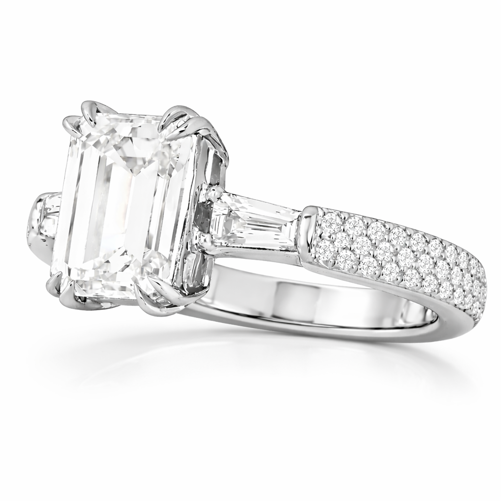 3.02ct 14K White Gold Emerald Twin Eagle Claw Diamond Engagement Ring (IGI Certified)