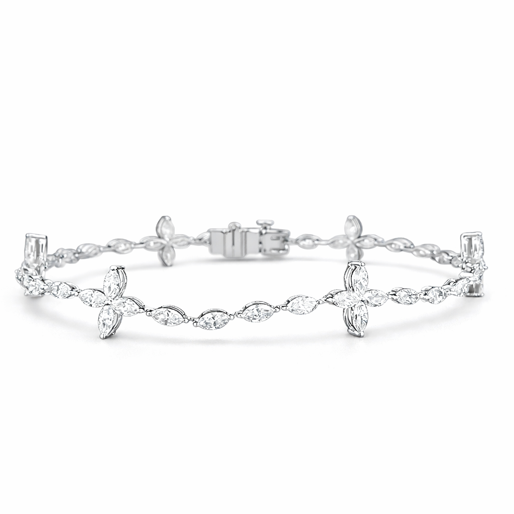 3.16ct 14K White Gold Fancy Marquise Clover Diamond Tennis Bracelet 7"